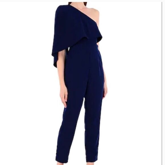 LAVISH Alice One Shoulder Cape Holiday Jumpsuit Navy Blue NWT size 4 Ret $168 - Picture 1 of 5